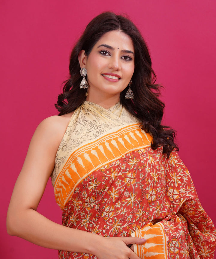 Red orange cotton hand block sanganeri printed saree