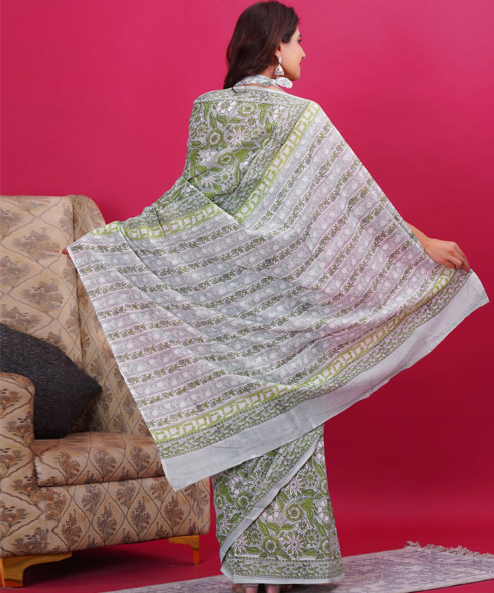 Cyan green white cotton hand block sanganeri printed saree