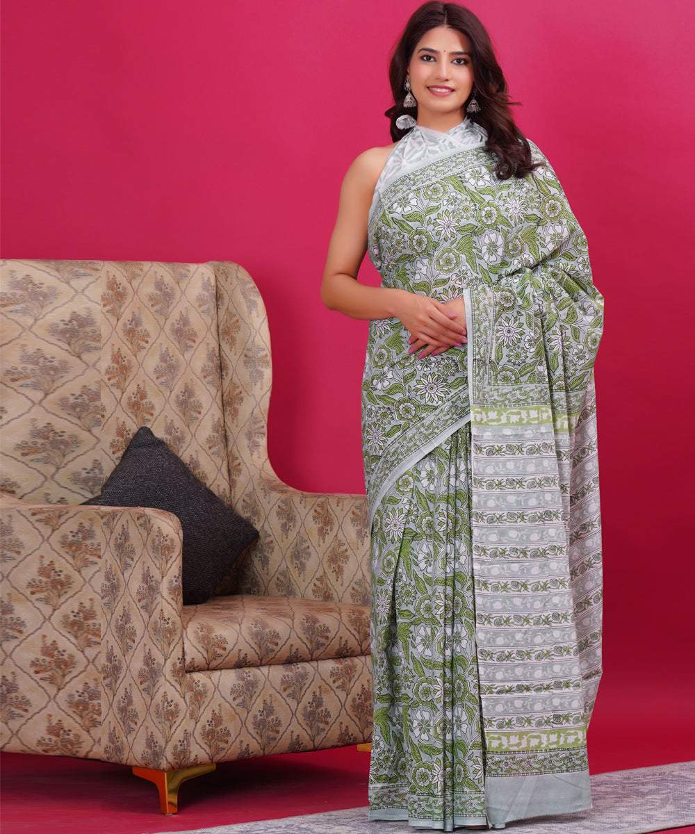Cyan green white cotton hand block sanganeri printed saree