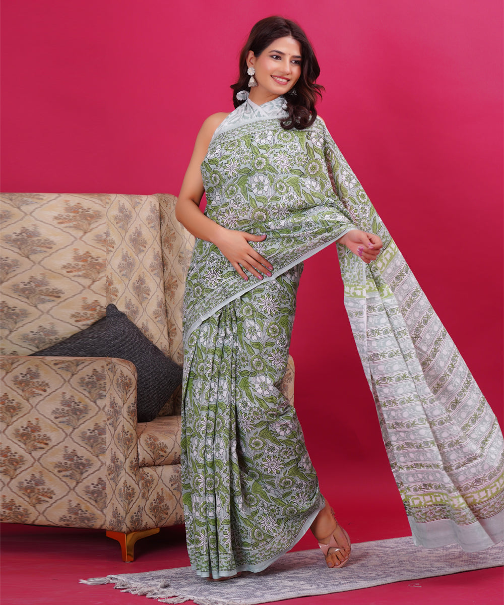 Cyan green white cotton hand block sanganeri printed saree