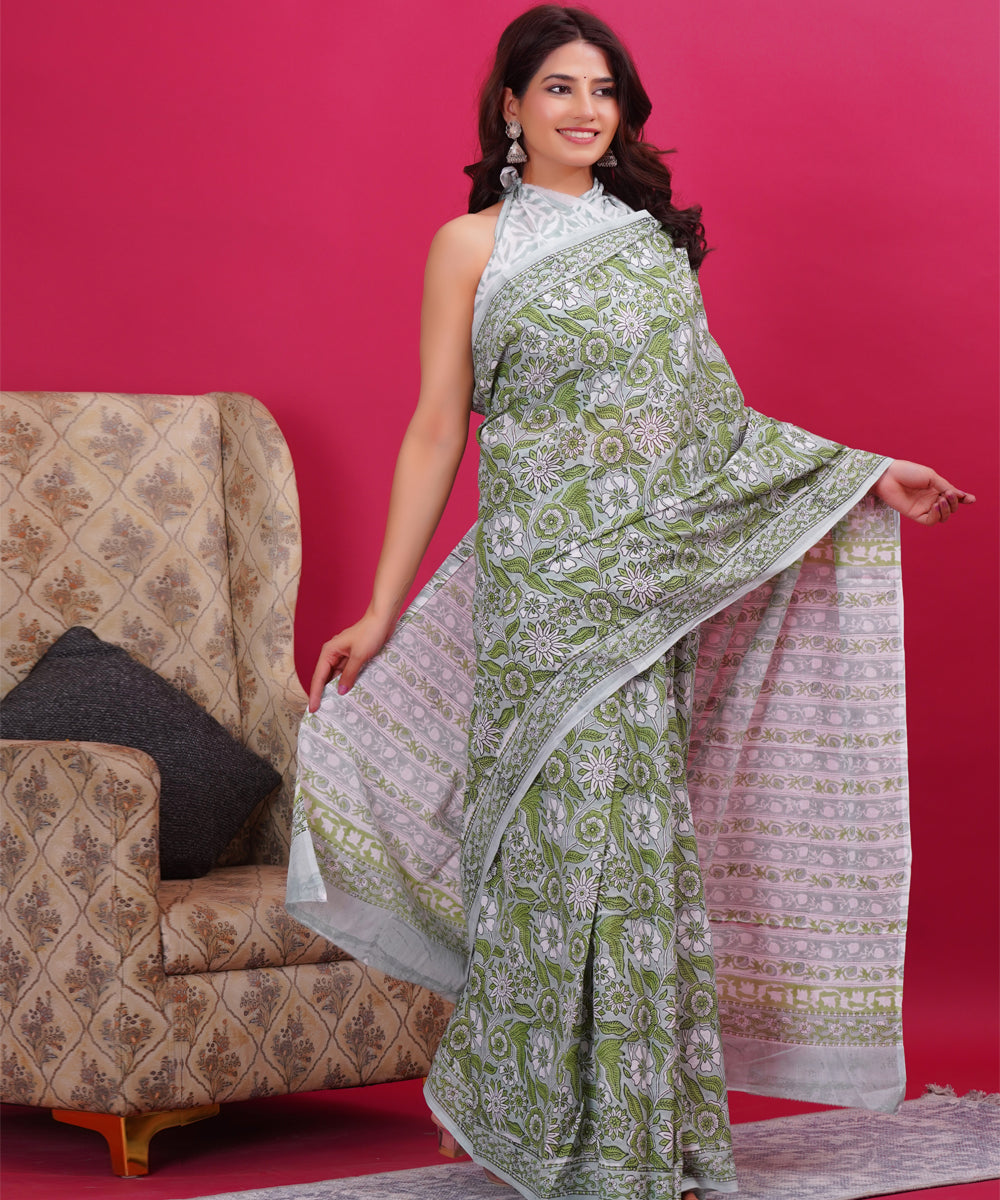 Cyan green white cotton hand block sanganeri printed saree