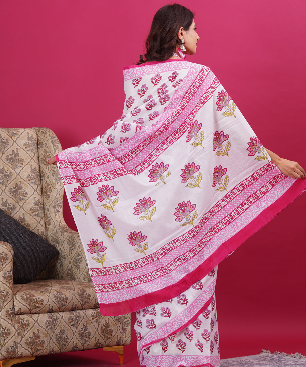 Pink white cotton hand block sanganeri printed saree