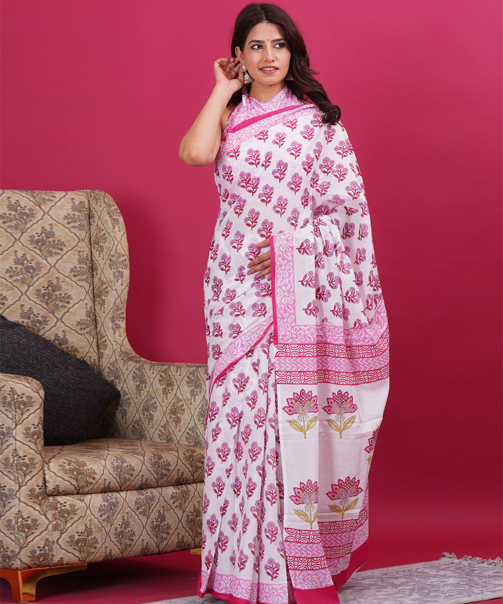 Pink white cotton hand block sanganeri printed saree