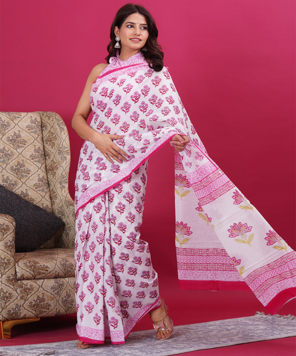 Pink white cotton hand block sanganeri printed saree
