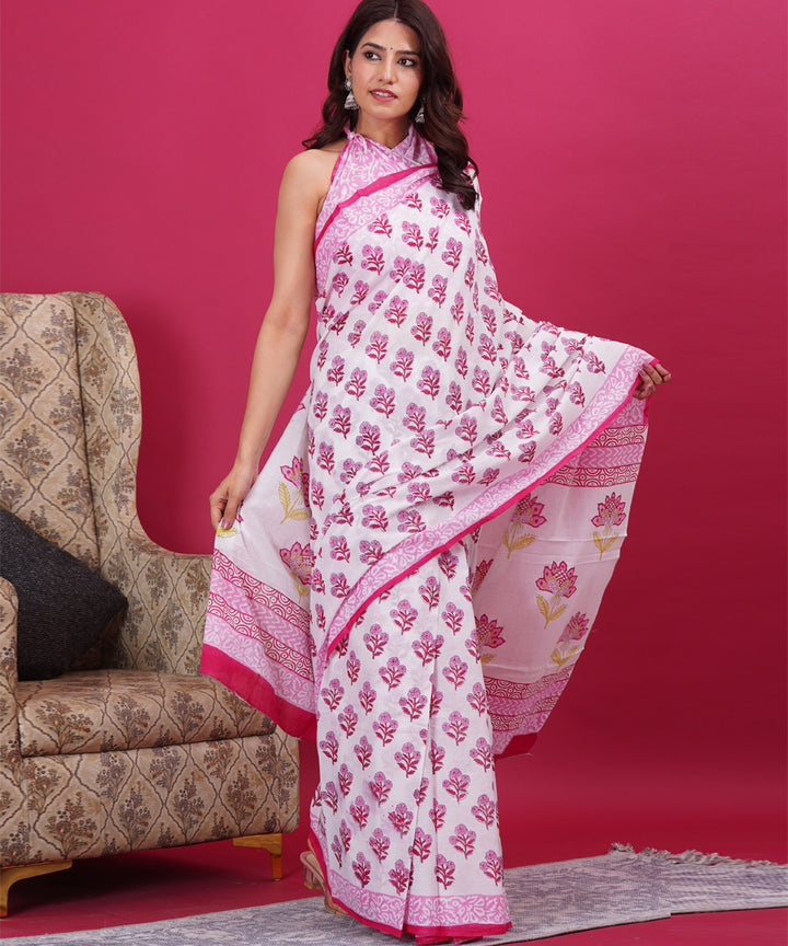 Pink white cotton hand block sanganeri printed saree