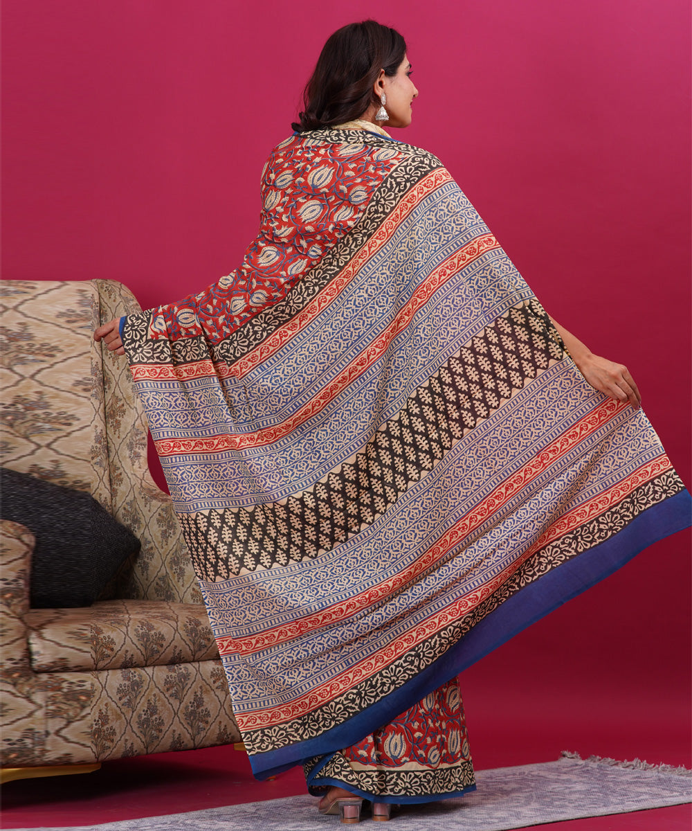 Red black cotton hand block sanganeri printed saree