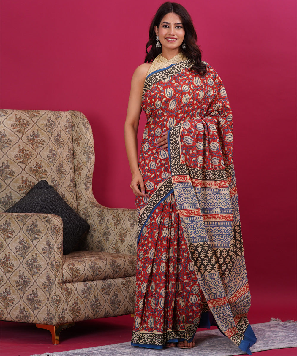 Red black cotton hand block sanganeri printed saree