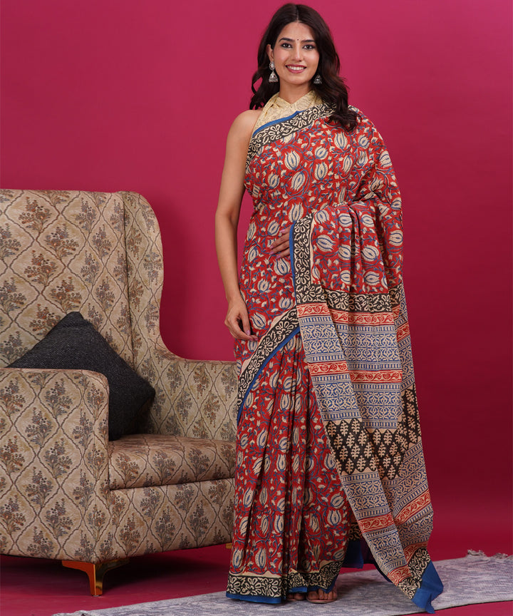 Red black cotton hand block sanganeri printed saree