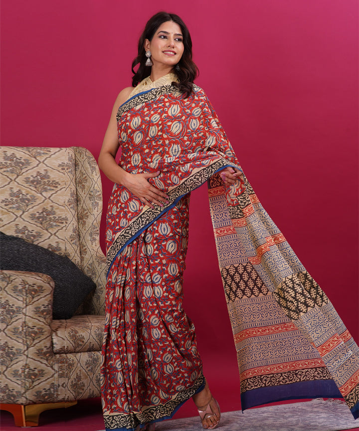 Red black cotton hand block sanganeri printed saree