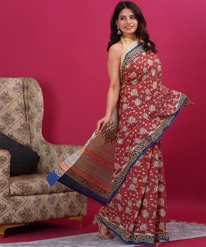 Red black cotton hand block sanganeri printed saree