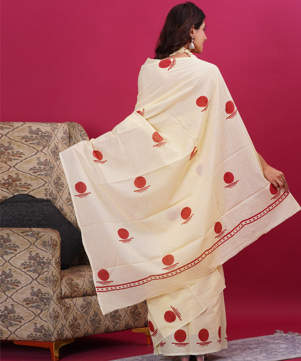 Cream red cotton hand sanganeri block printed saree