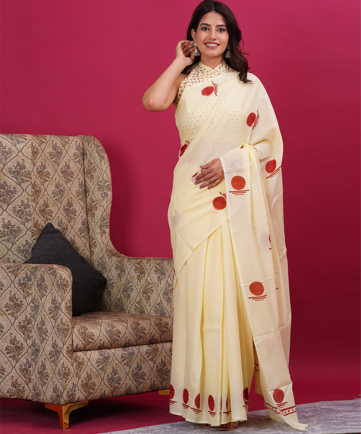 Cream red cotton hand sanganeri block printed saree