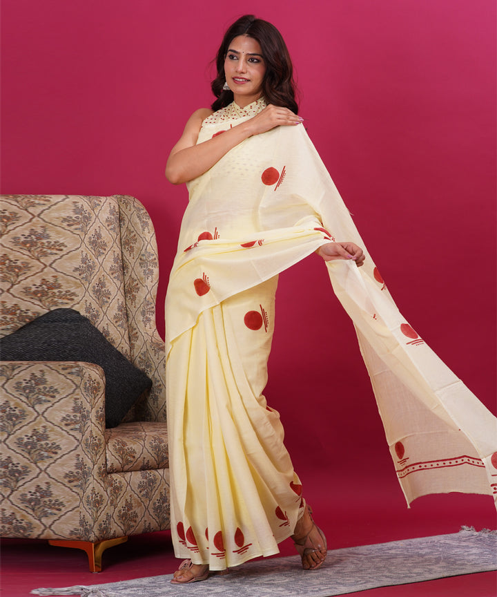 Cream red cotton hand sanganeri block printed saree