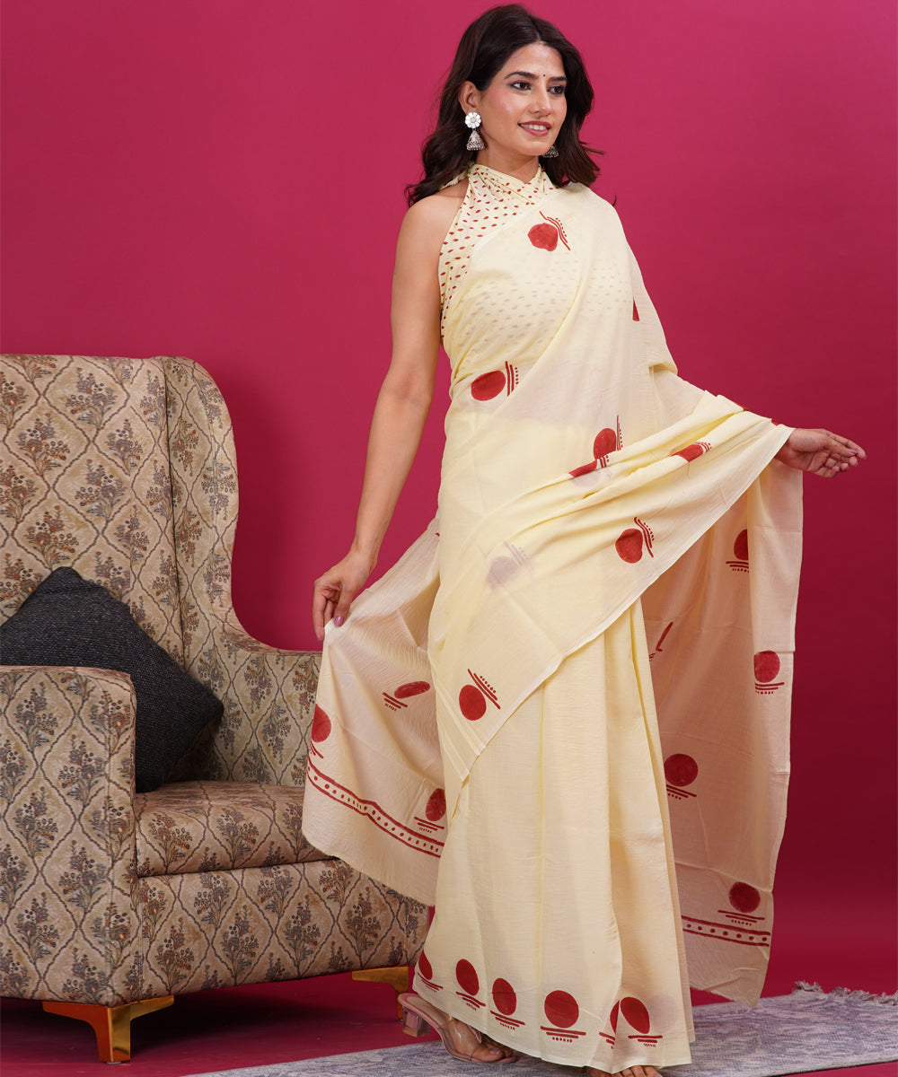 Cream red cotton hand sanganeri block printed saree