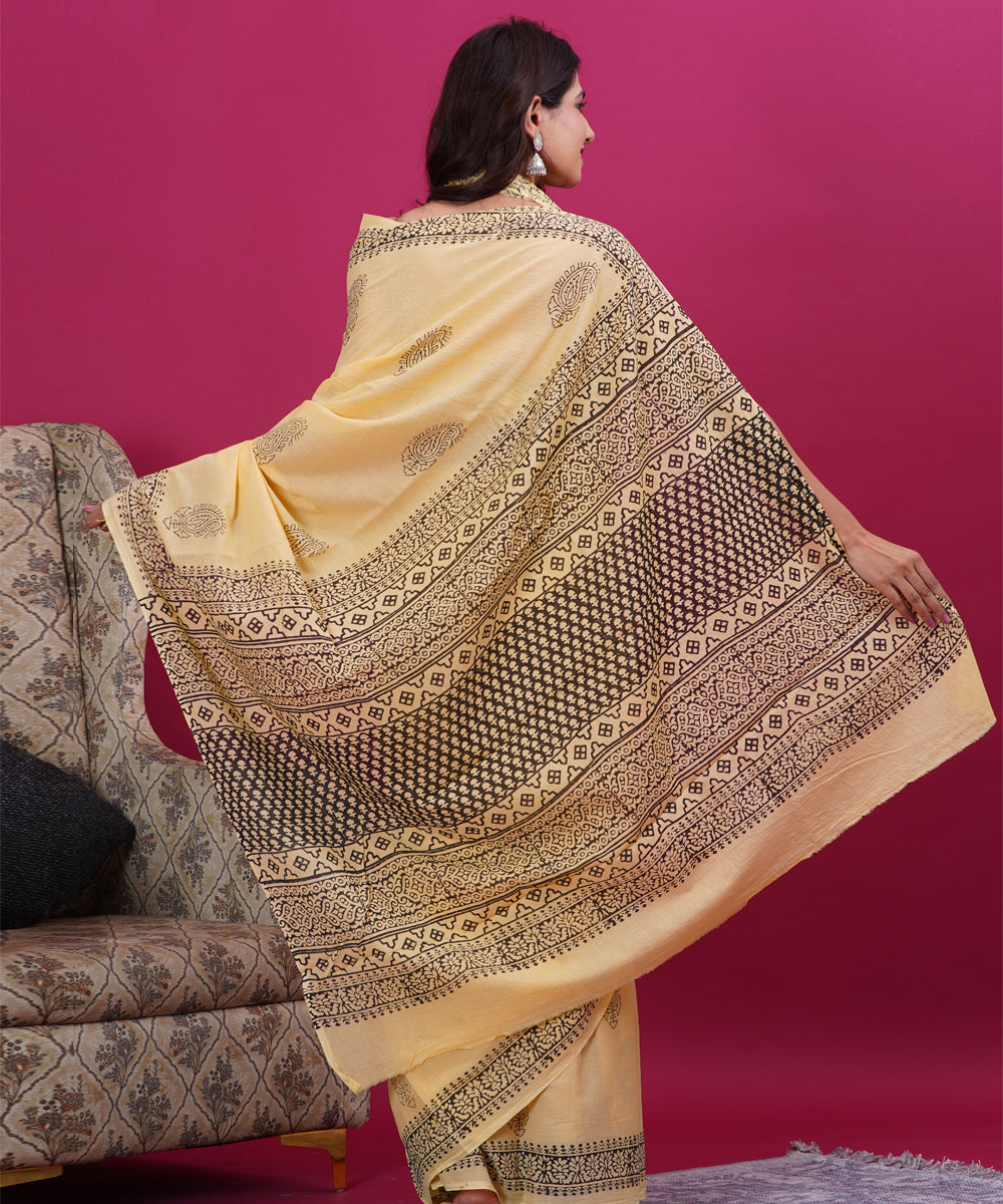 Light yellow black hand block cotton sanganeri printed saree