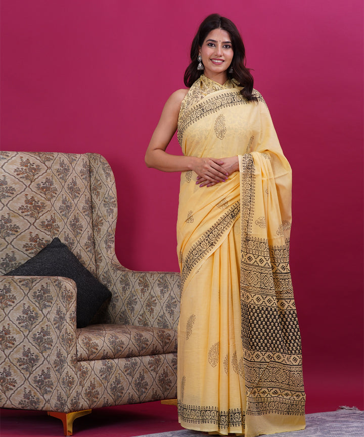 Light yellow black hand block cotton sanganeri printed saree