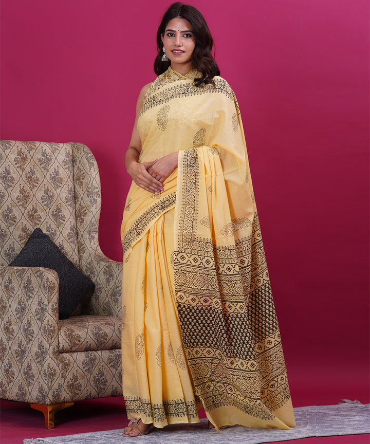 Light yellow black hand block cotton sanganeri printed saree