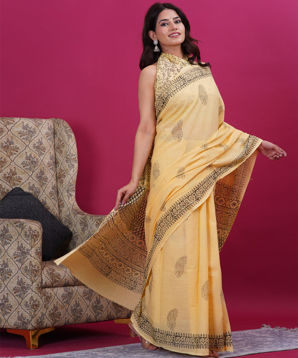 Light yellow black hand block cotton sanganeri printed saree