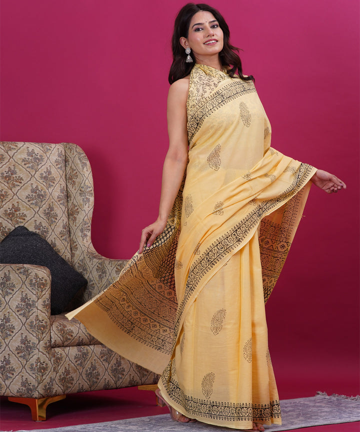 Light yellow black hand block cotton sanganeri printed saree