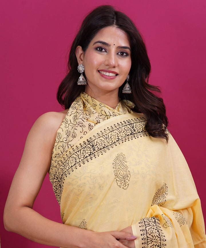 Light yellow black hand block cotton sanganeri printed saree