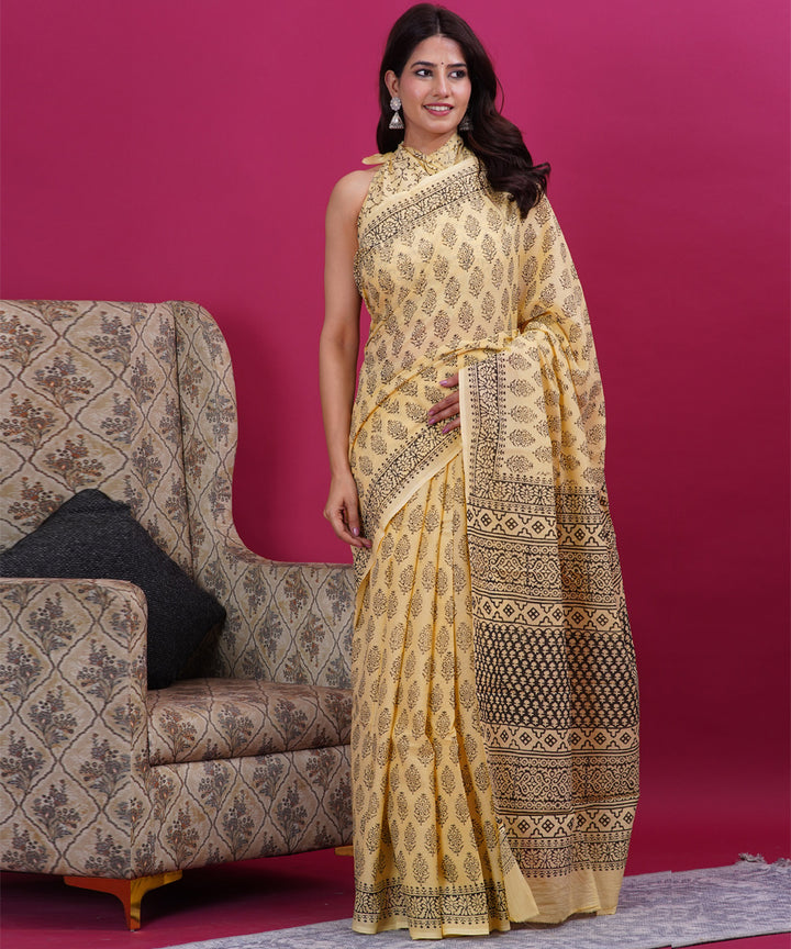 Light yellow black hand block sanganeri printed cotton saree