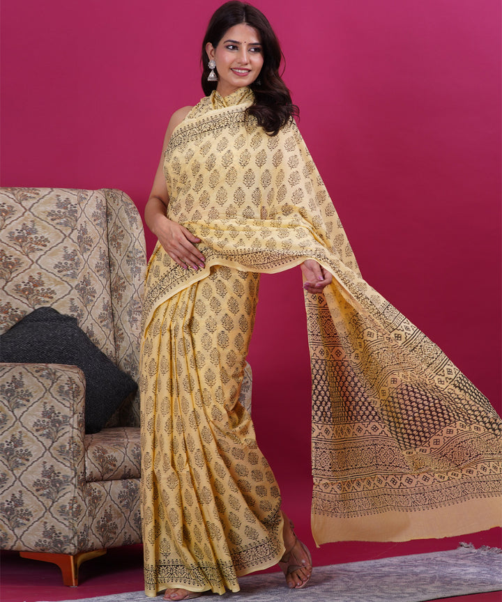 Light yellow black hand block sanganeri printed cotton saree