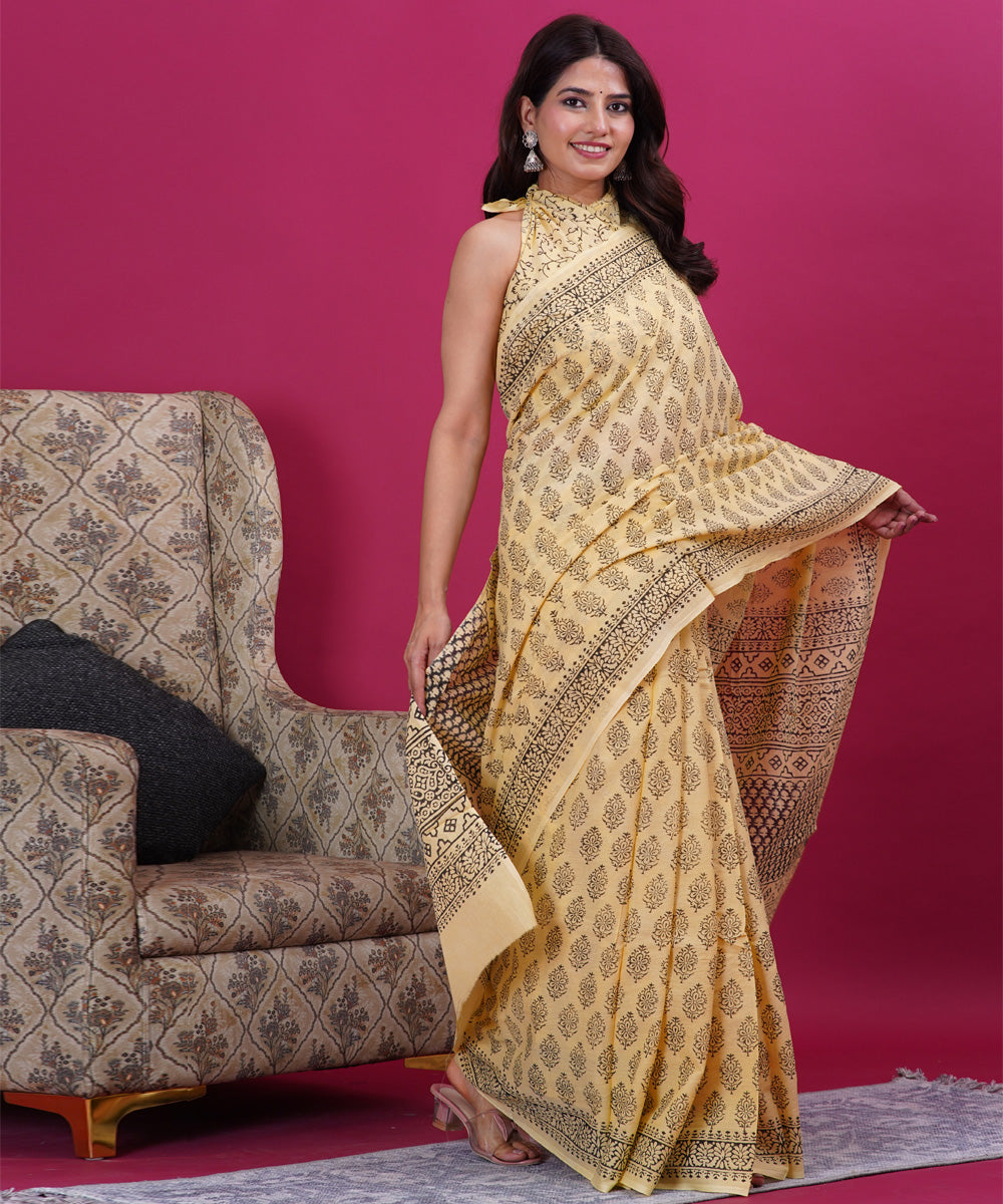 Light yellow black hand block sanganeri printed cotton saree
