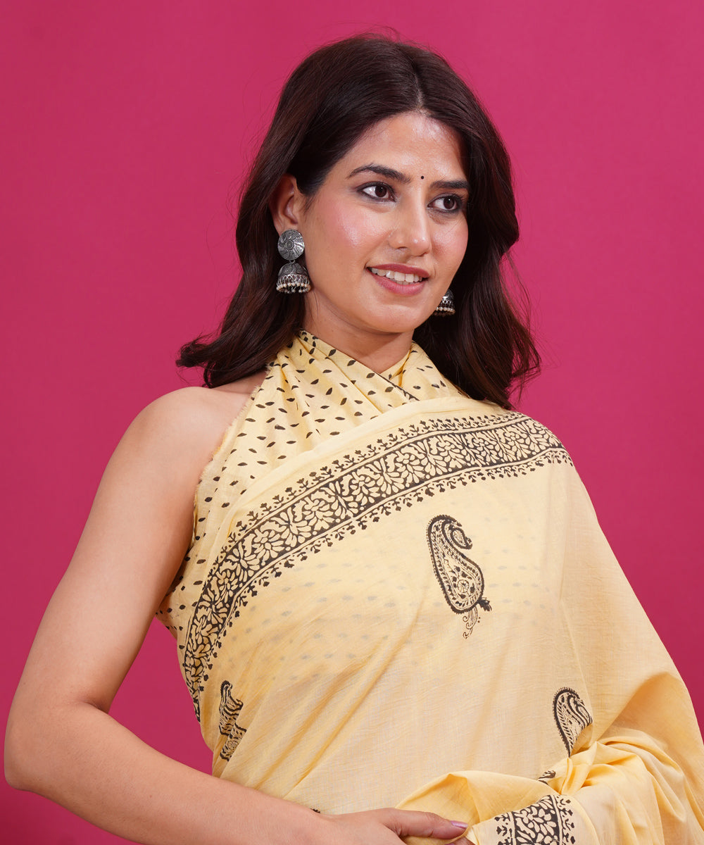 Yellow grey hand block sanganeri printed cotton saree