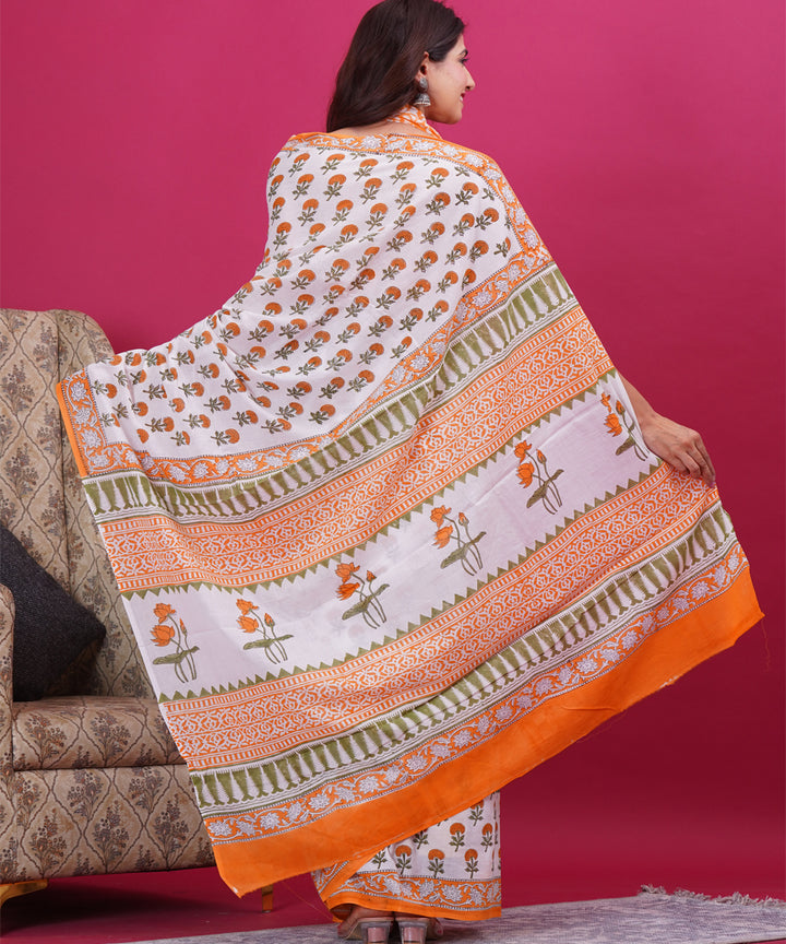 Multicolor orange cotton hand block sanganeri printed saree
