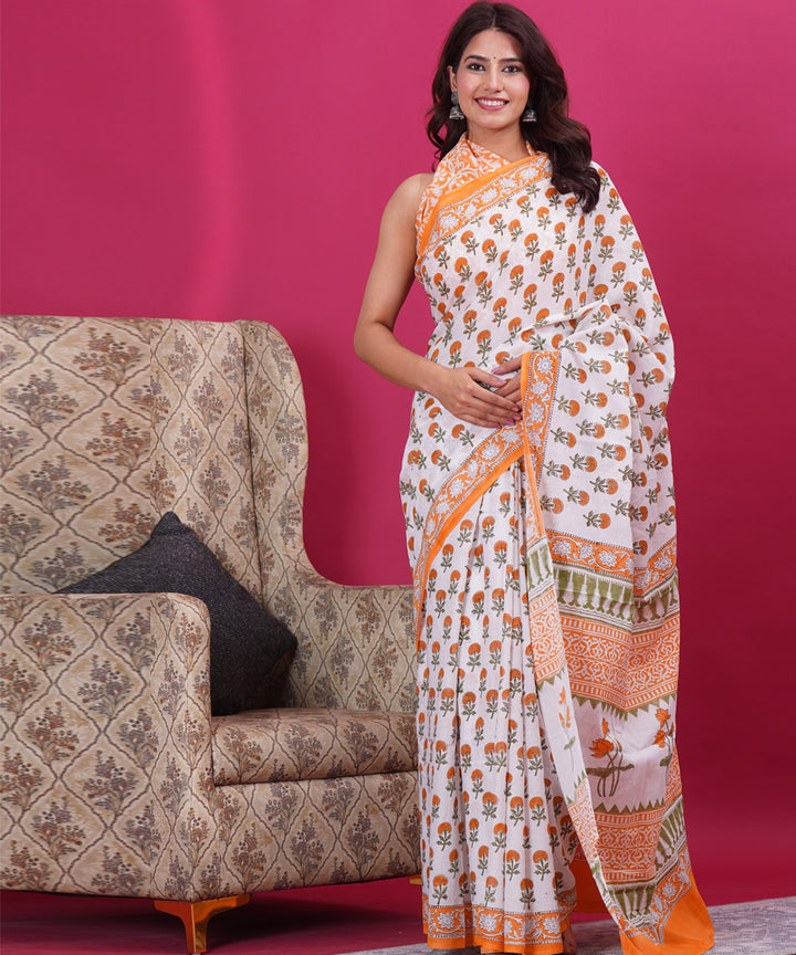 Multicolor orange cotton hand block sanganeri printed saree
