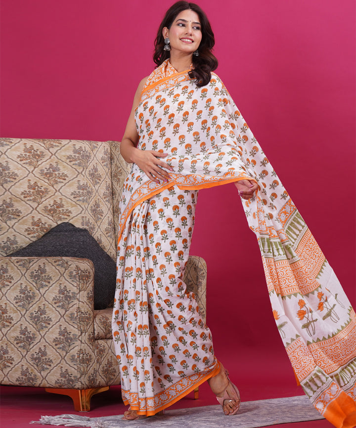 Multicolor orange cotton hand block sanganeri printed saree