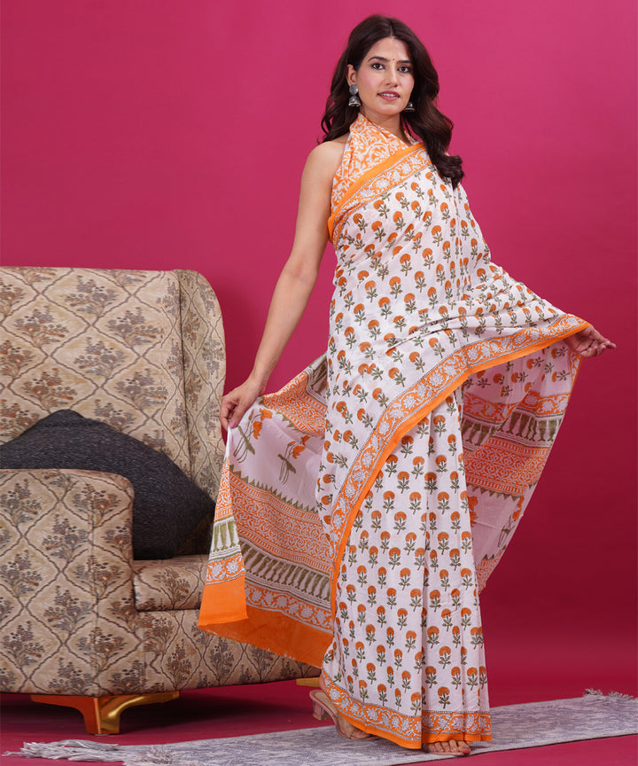Multicolor orange cotton hand block sanganeri printed saree