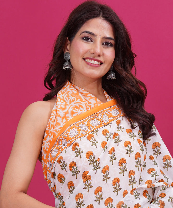 Multicolor orange cotton hand block sanganeri printed saree
