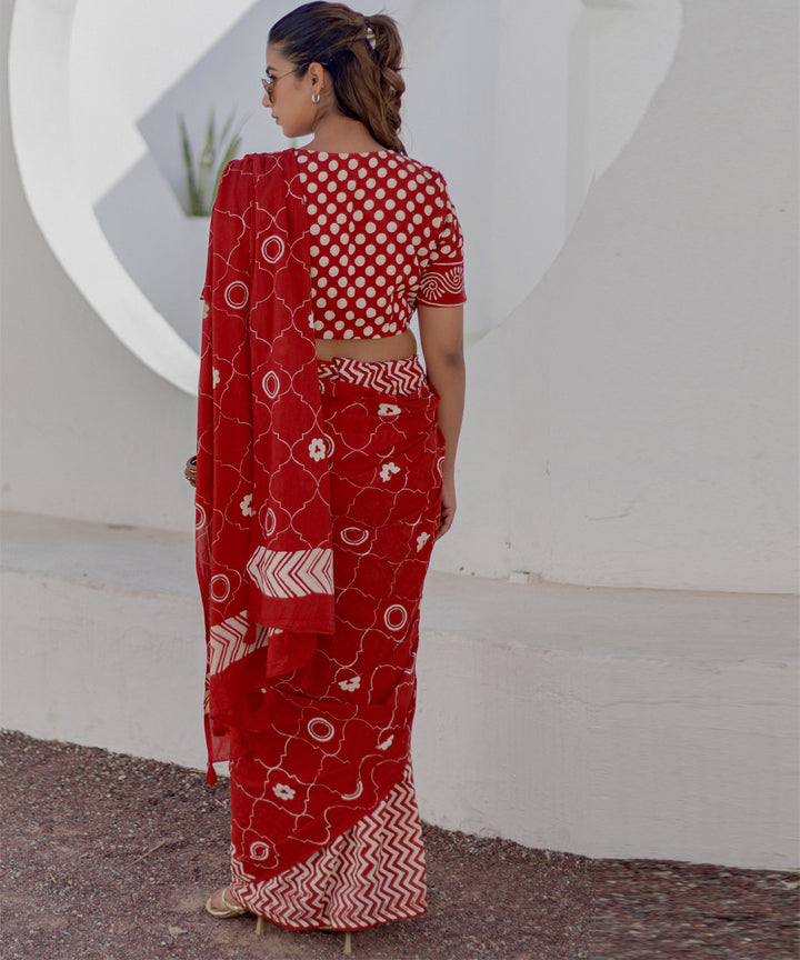 Red white hand block printed cotton saree
