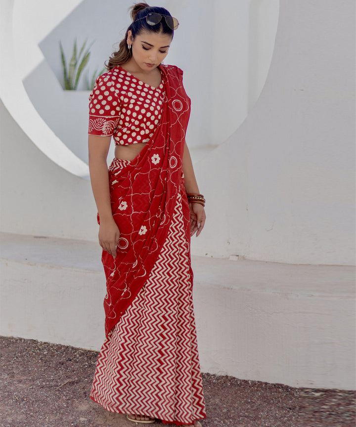 Red white hand block printed cotton saree