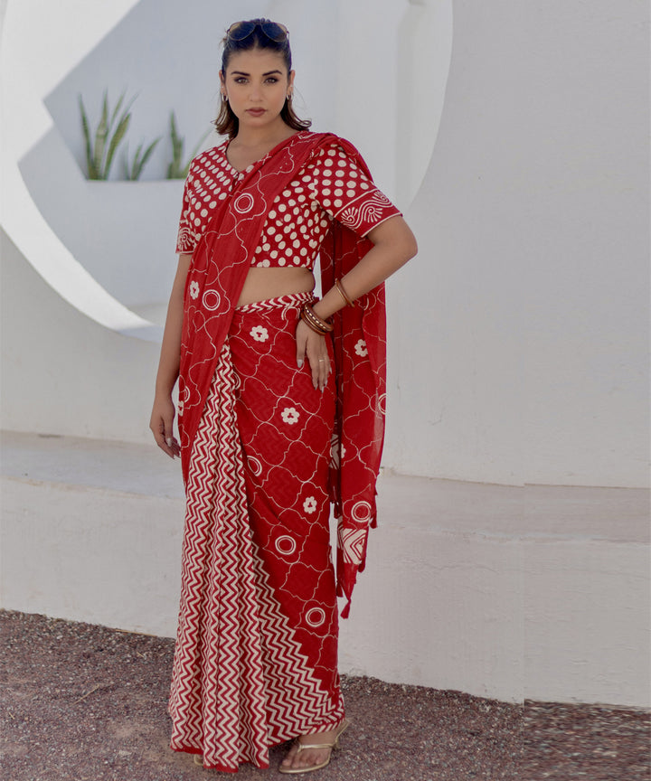 Red white hand block printed cotton saree