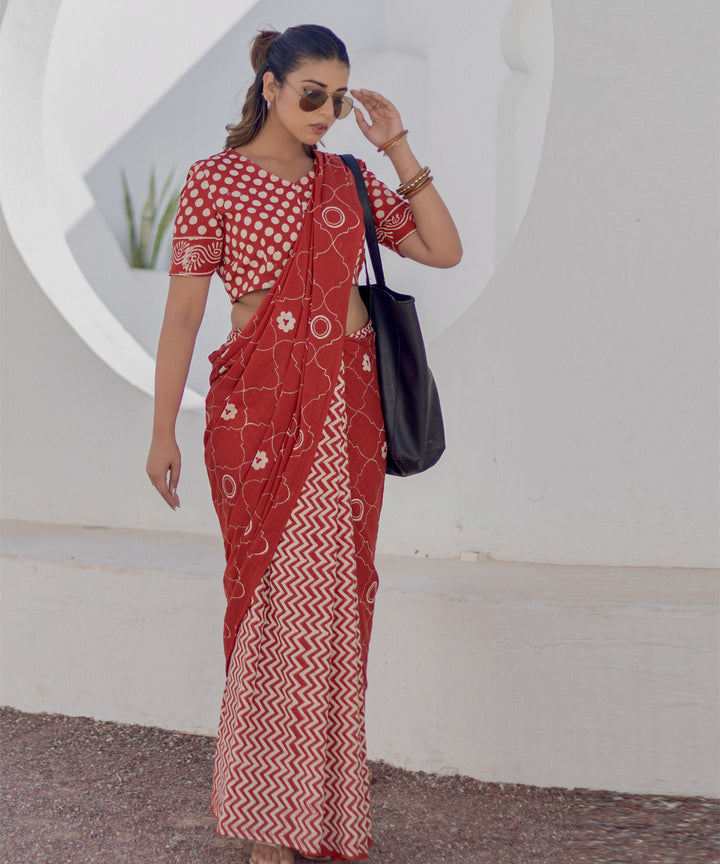 Red white hand block printed cotton saree