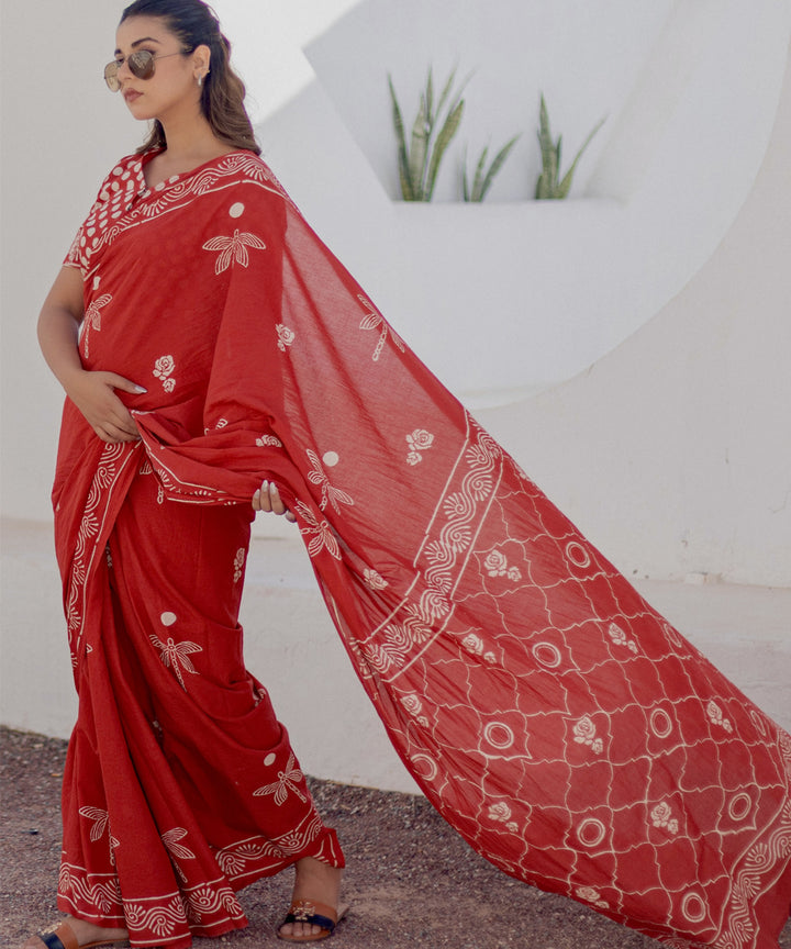 Red white cotton hand block printed saree