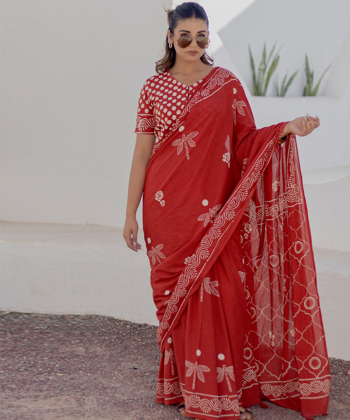 Red white cotton hand block printed saree