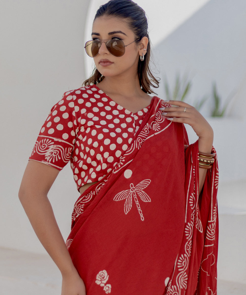 Red white cotton hand block printed saree