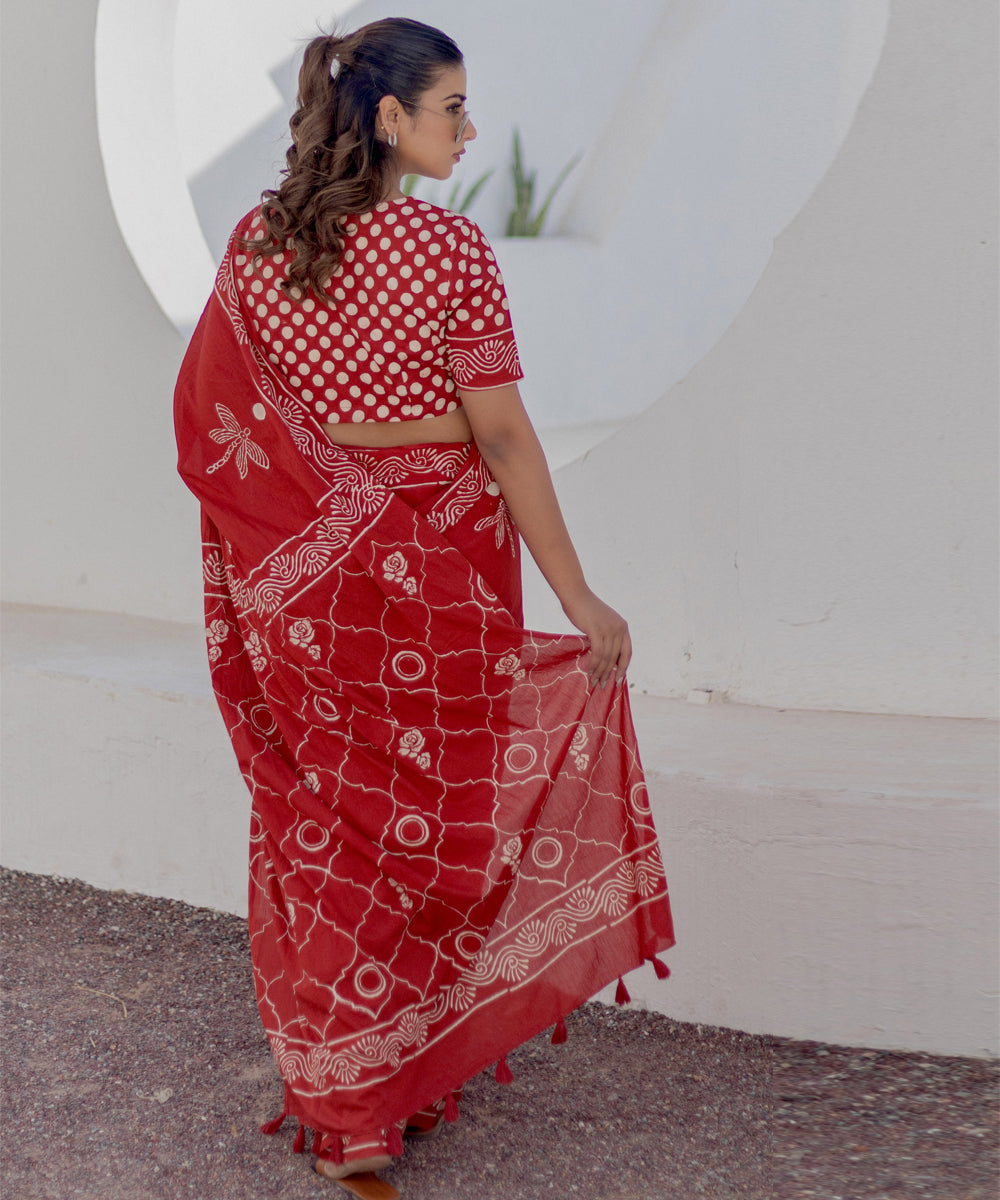Red white cotton hand block printed saree