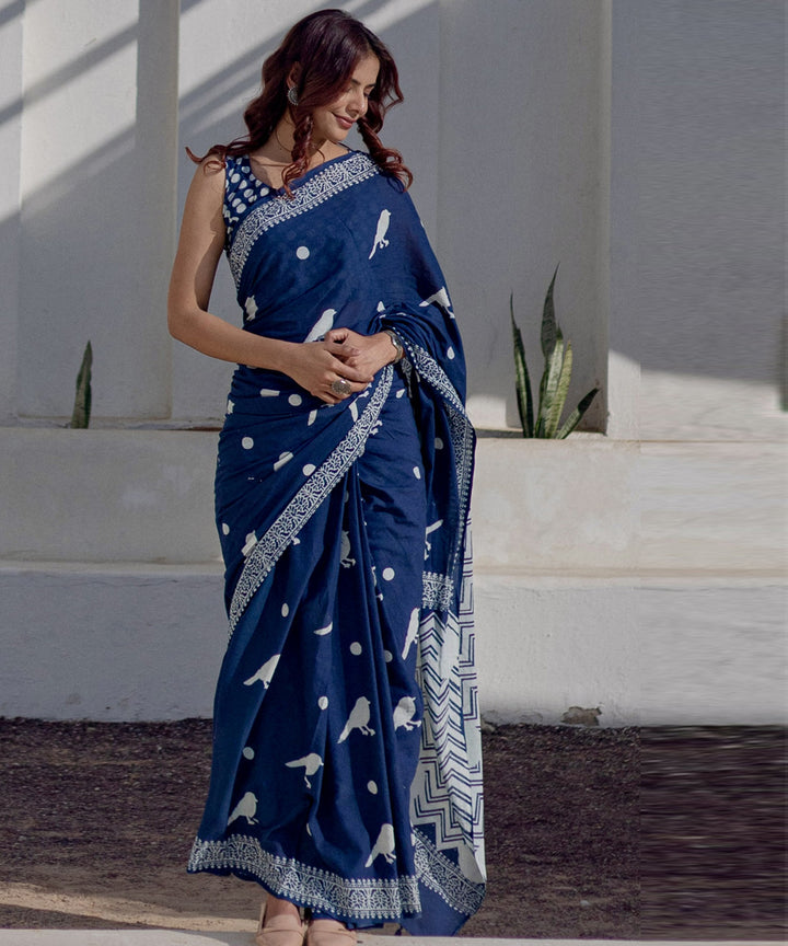 Navy blue white hand block printed cotton saree