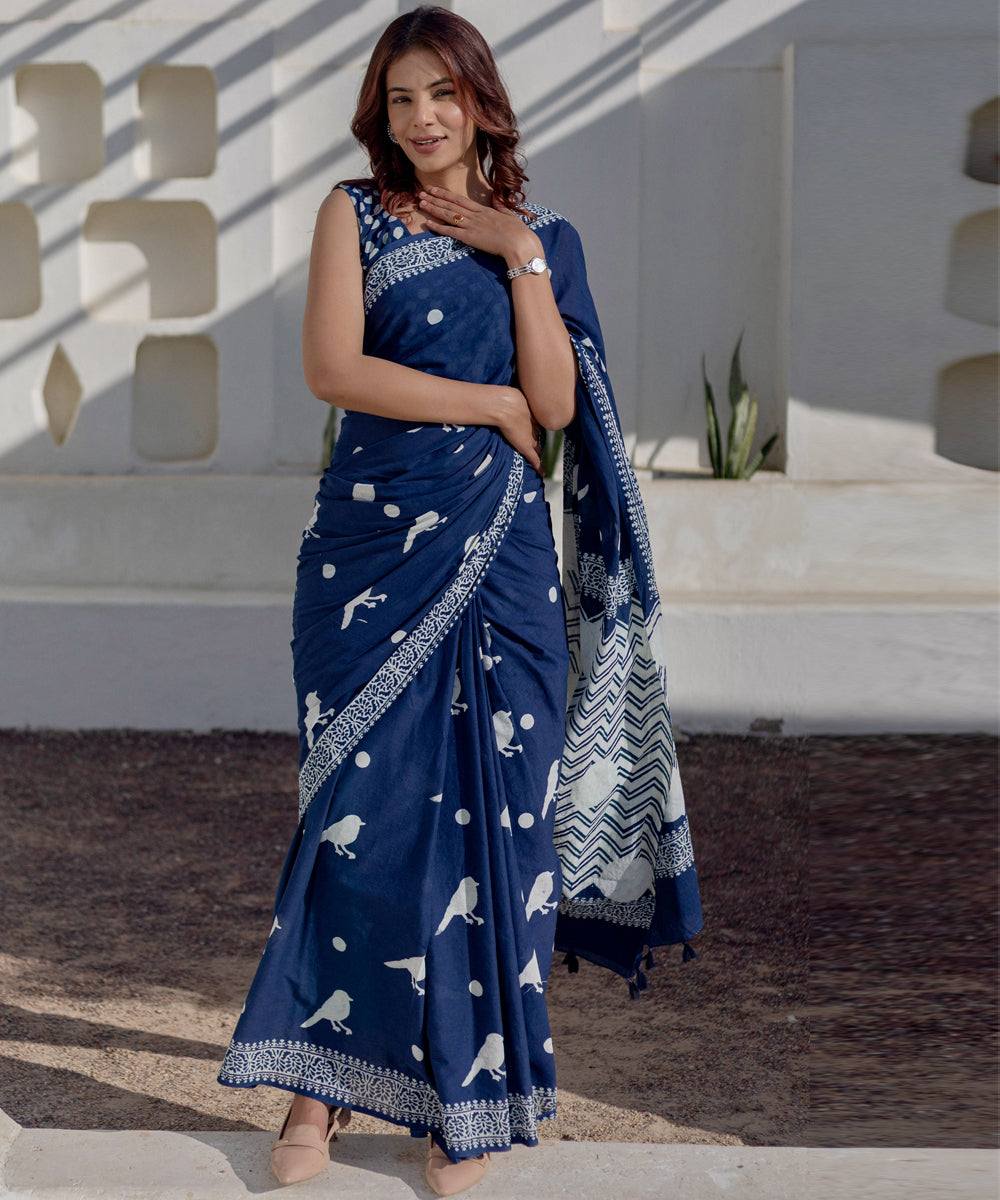 Navy blue white hand block printed cotton saree