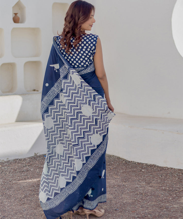 Navy blue white hand block printed cotton saree
