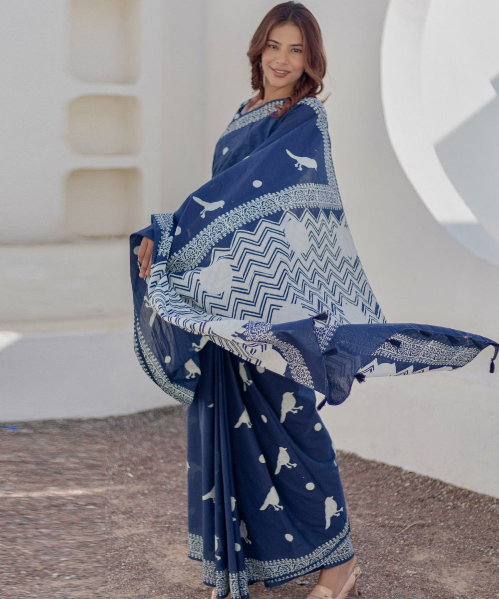 Navy blue white hand block printed cotton saree