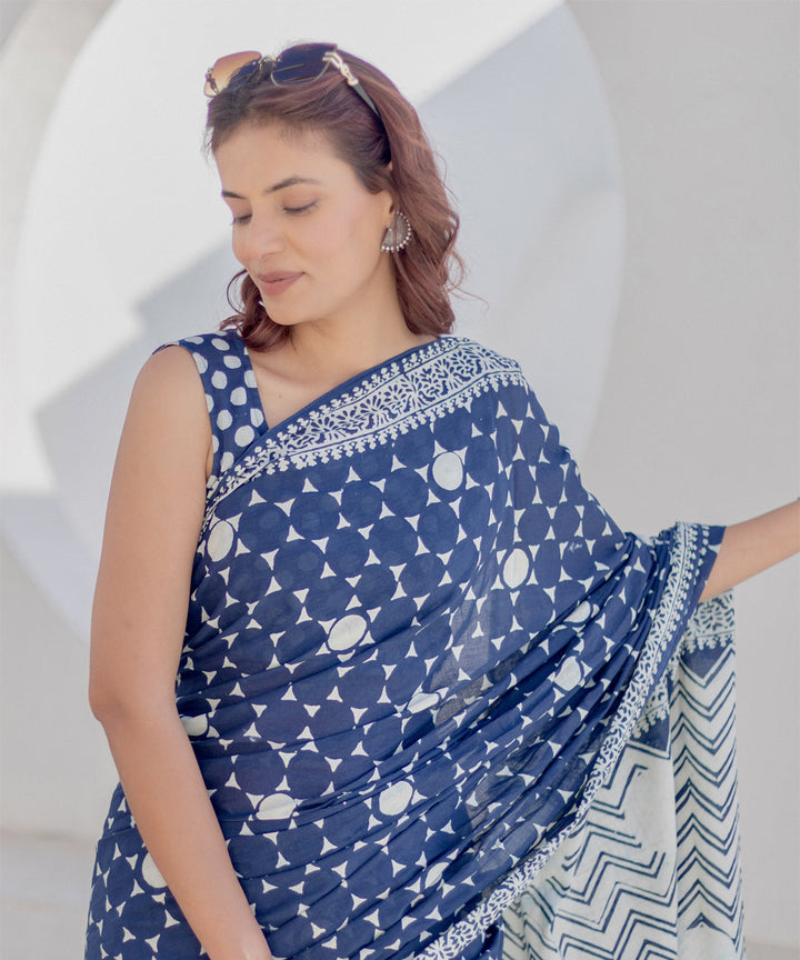 Navy blue white cotton hand-block printed saree