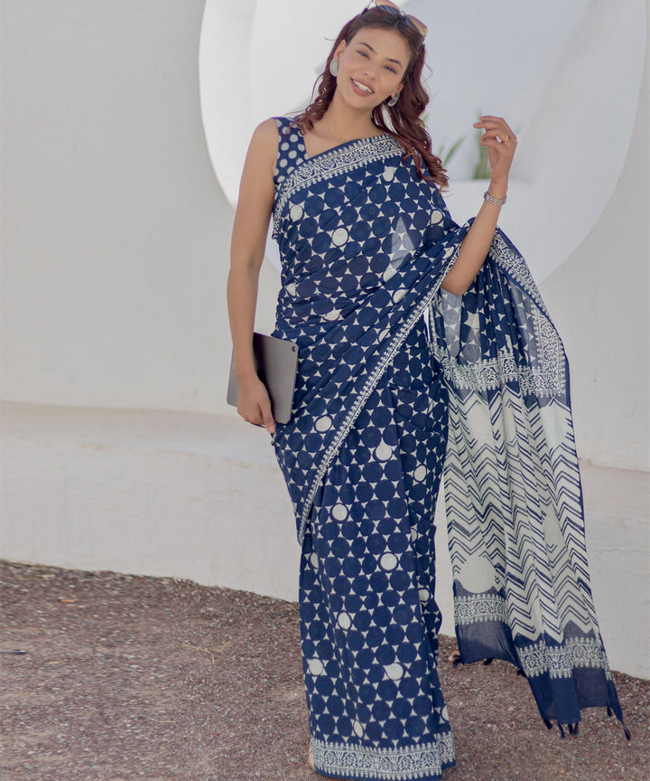 Navy blue white cotton hand-block printed saree