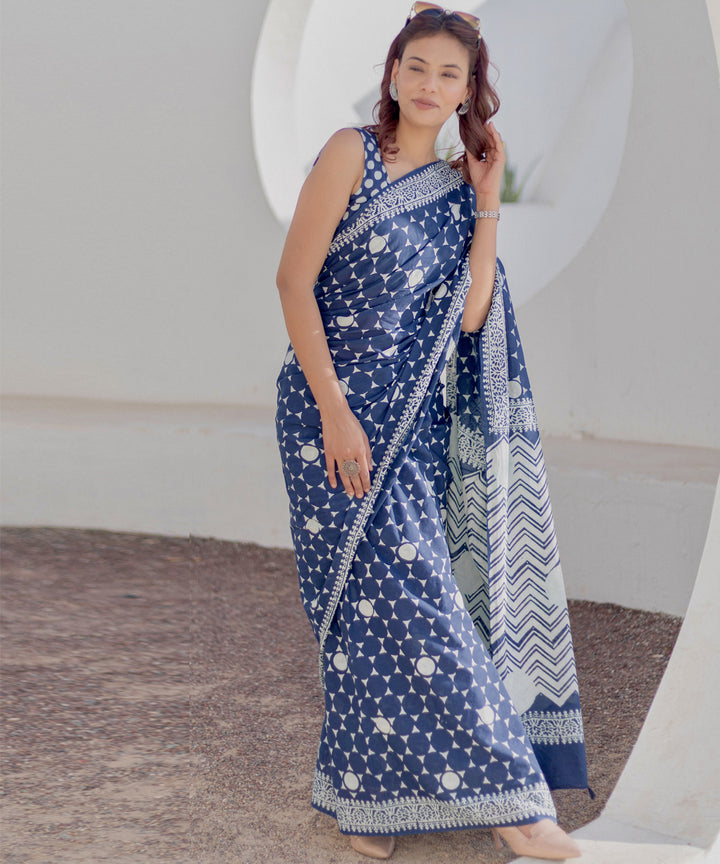 Navy blue white cotton hand-block printed saree