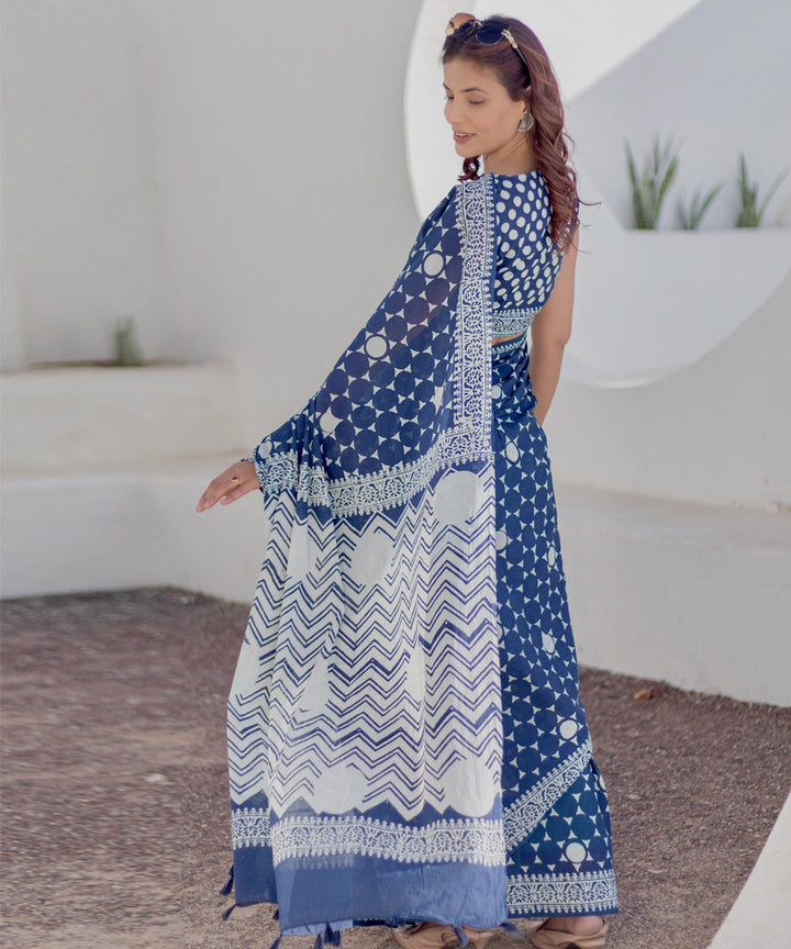 Navy blue white cotton hand-block printed saree