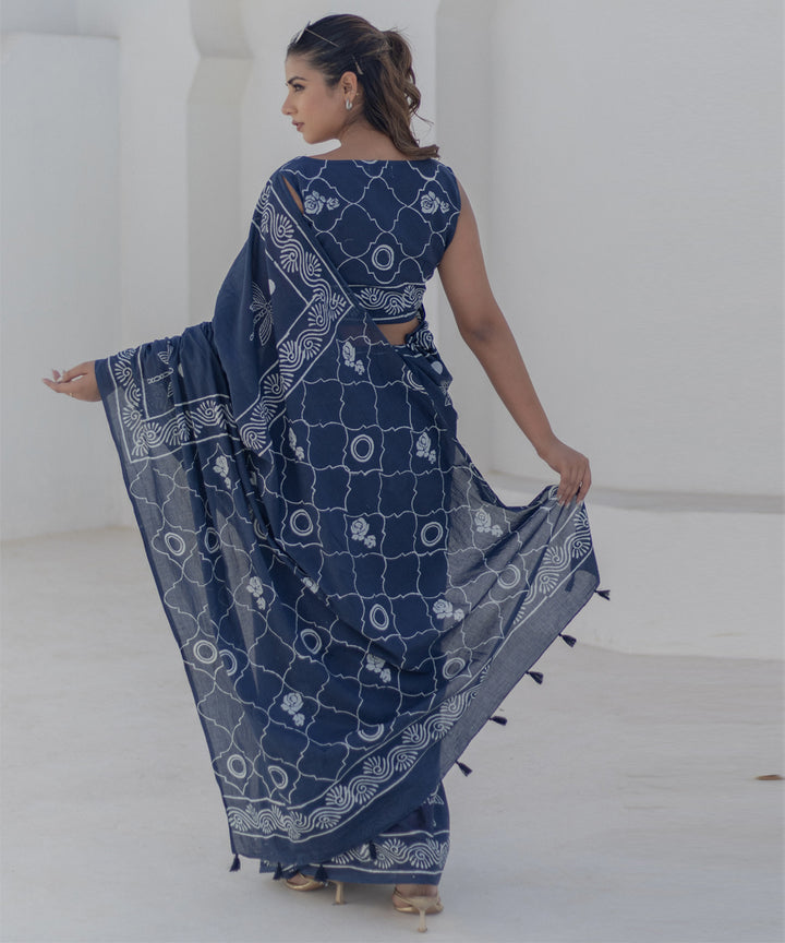 Navy blue hand block-printed cotton saree